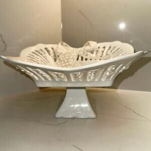 Antique Reflections by J Godinger White Ceramic Square Ribbon Pedestal Dish